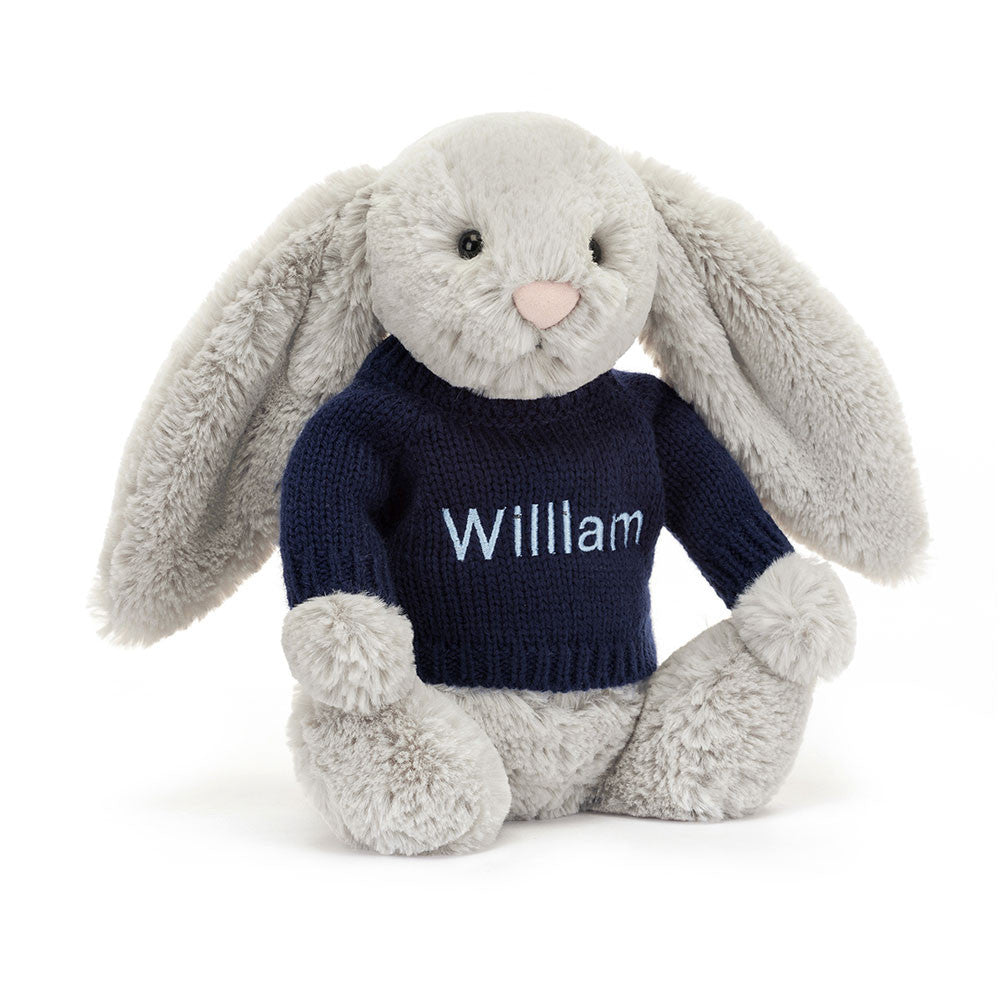 Bashful Silver Bunny with Personalised Navy Jumper