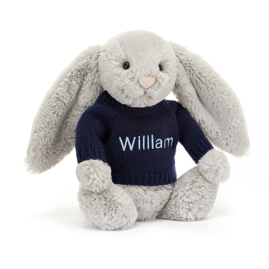 Bashful Silver Bunny with Personalised Navy Jumper