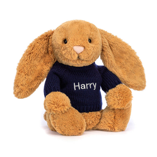 Bashful Golden Bunny with Personalised Navy Jumper