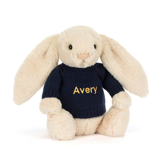 Bashful Luxe Bunny Willow with Personalised Navy Jumper